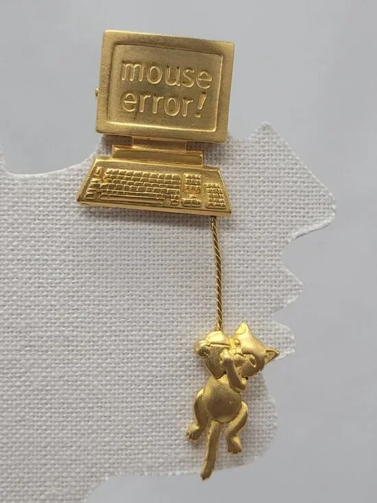 Vtg Signed JJ Brooch Mouse Error Gold-Tone Computer & Cat Dangling Pin Quirky 19 - Picture 1 of 10